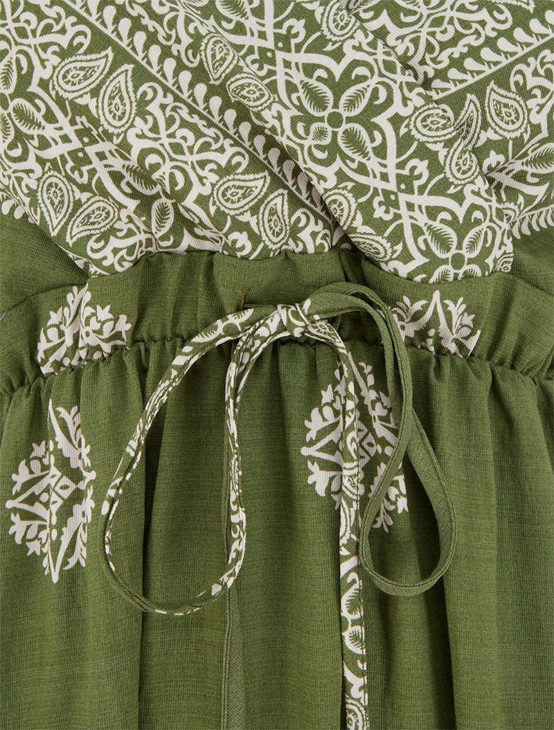 Langes Bohème-Kleid mit Arabeskenmuster - Kaki