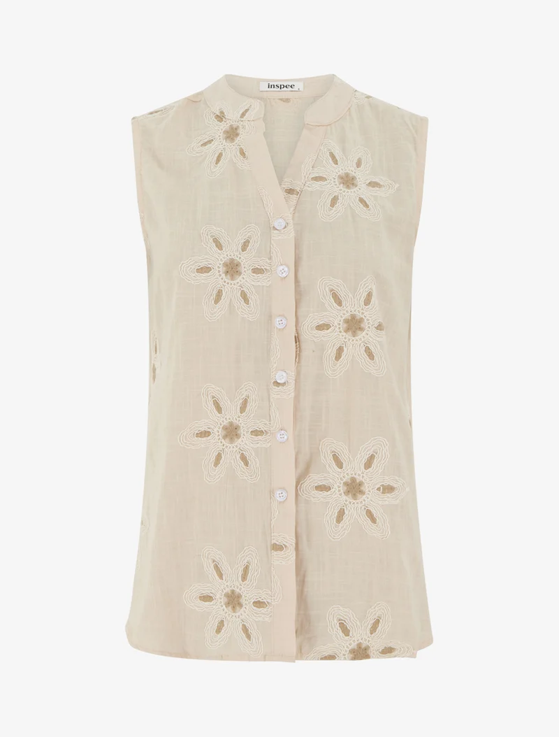 Ärmellose Bluse mit Blumenstickereien - Beige