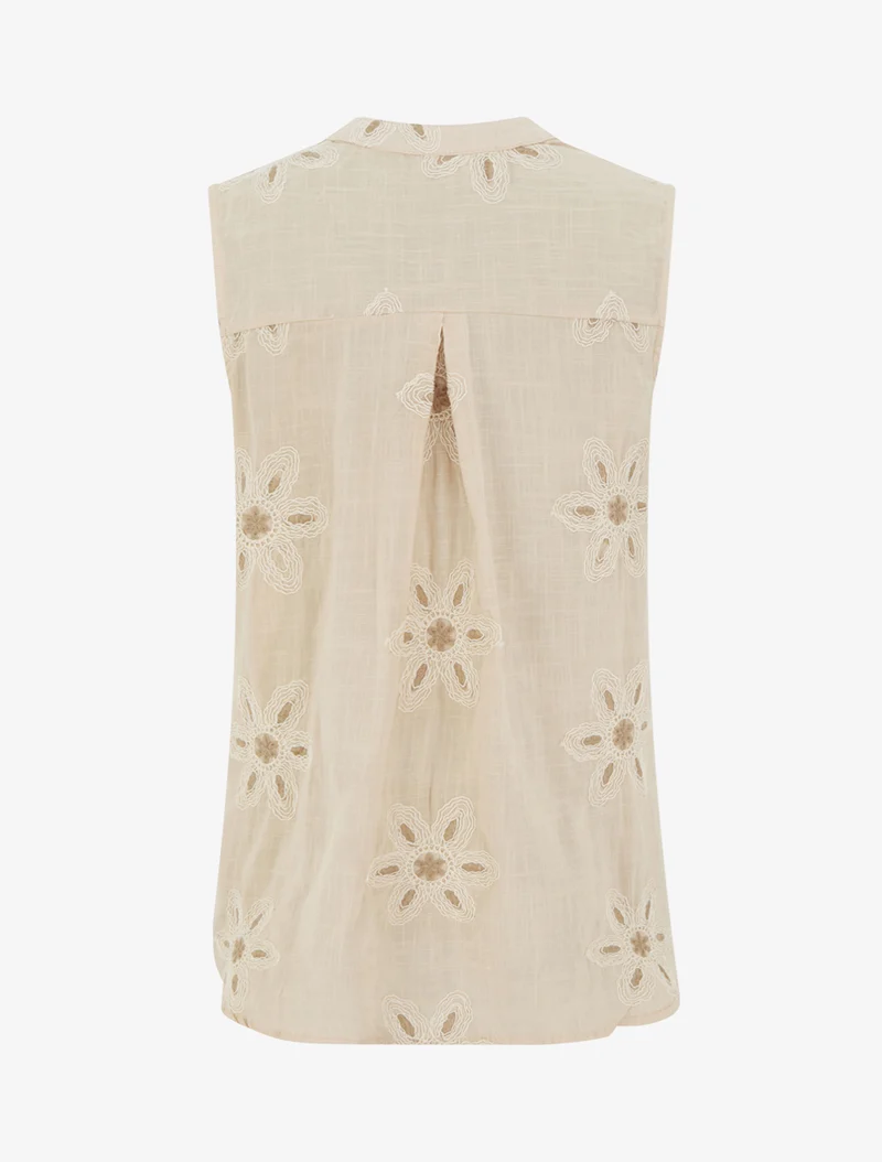 Ärmellose Bluse mit Blumenstickereien - Beige