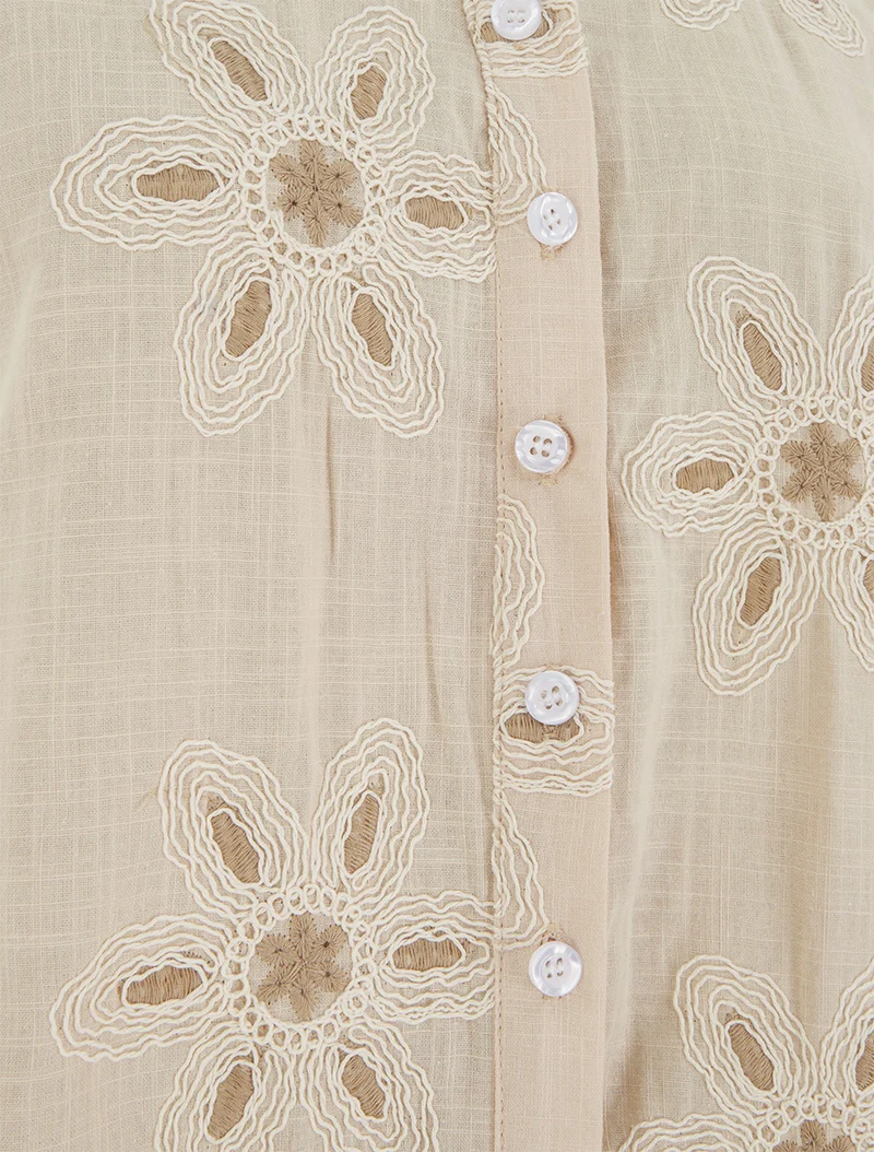 Ärmellose Bluse mit Blumenstickereien - Beige