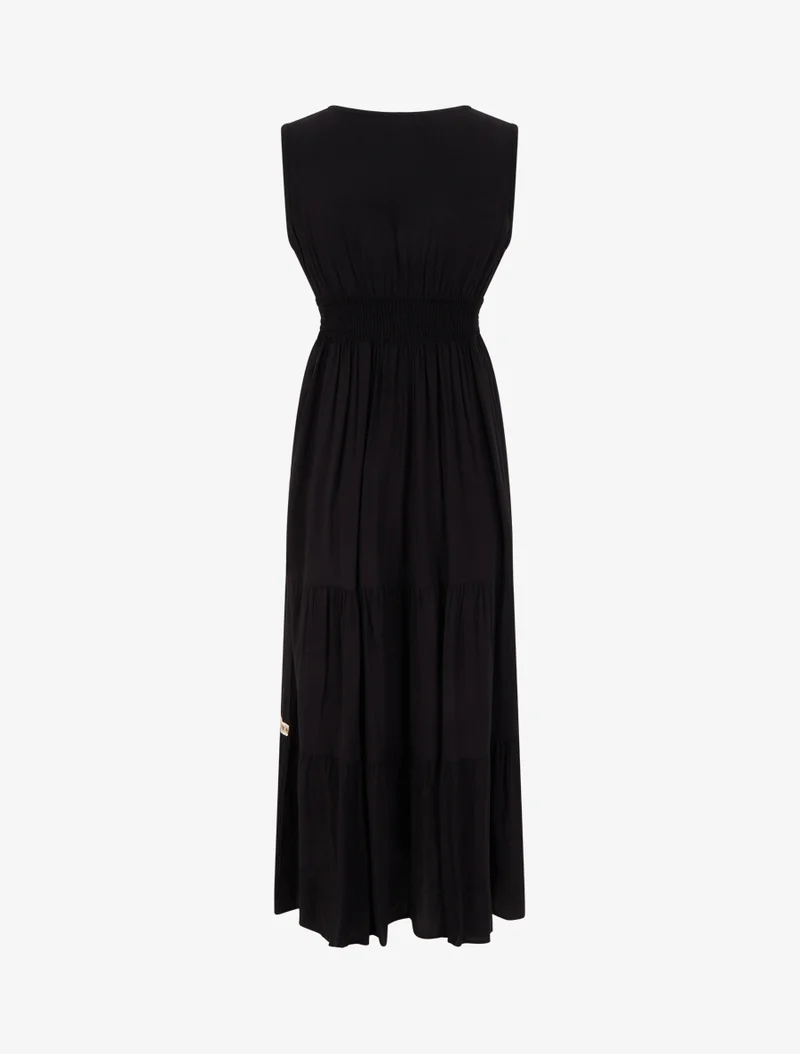 Ärmelloses ausgestelltes Kleid mit Makramee-Kragen - Schwarz