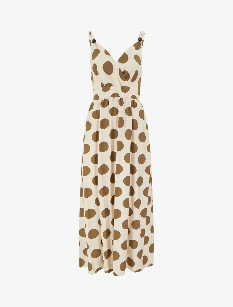 Langes Kleid mit Perlenriemchen und Punktmuster - Braun