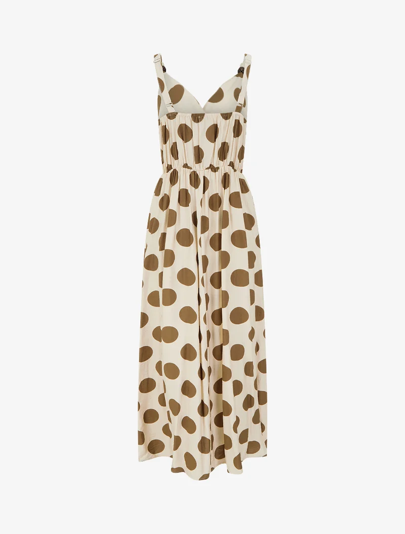 Langes Kleid mit Perlenriemchen und Punktmuster - Braun