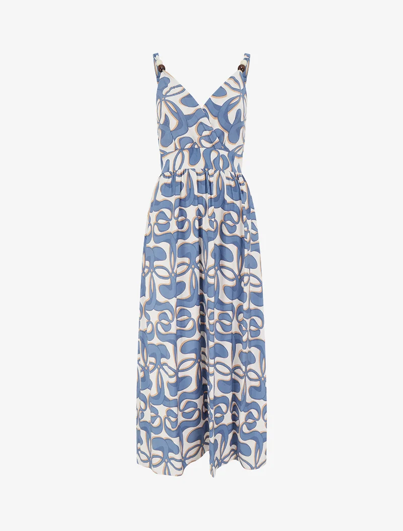Langes Kleid mit Perlen-Trägern und grafischem Druck - Blau