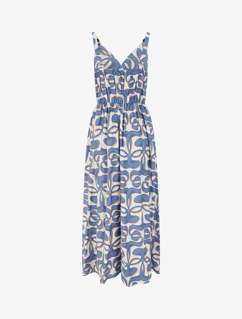 Langes Kleid mit Perlen-Trägern und grafischem Druck - Blau