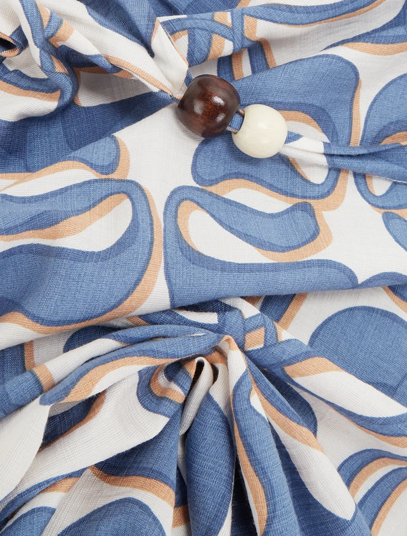 Langes Kleid mit Perlen-Trägern und grafischem Druck - Blau