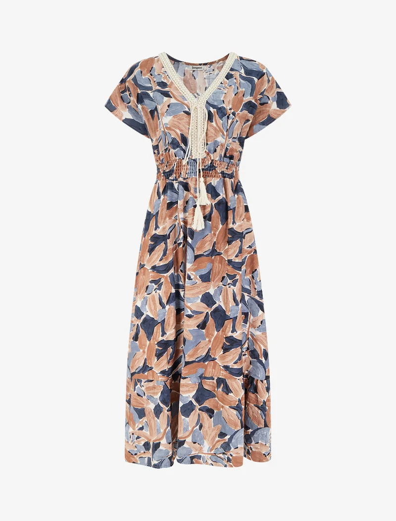 Kleid mit stilisiertem Druck und Häkelkragen - Marine