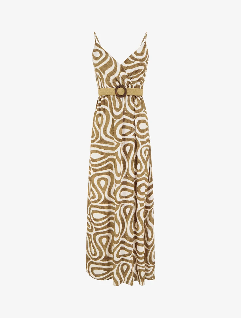 Langes ausgestelltes Kleid mit fantasievollen Kurvenmustern - Braun