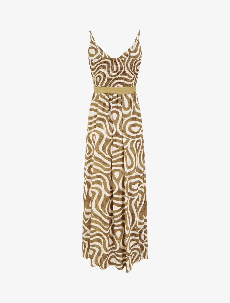 Langes ausgestelltes Kleid mit fantasievollen Kurvenmustern - Braun