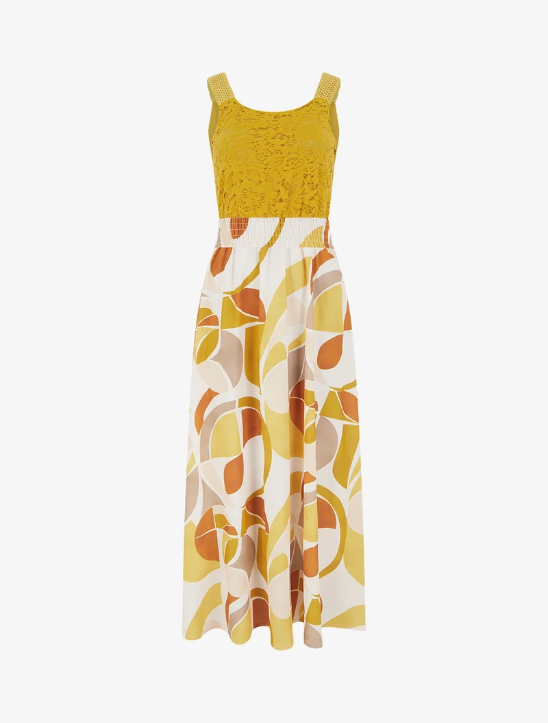 Kleid mit abstraktem Druck und Trägern aus Häkelarbeit - Senfgelb