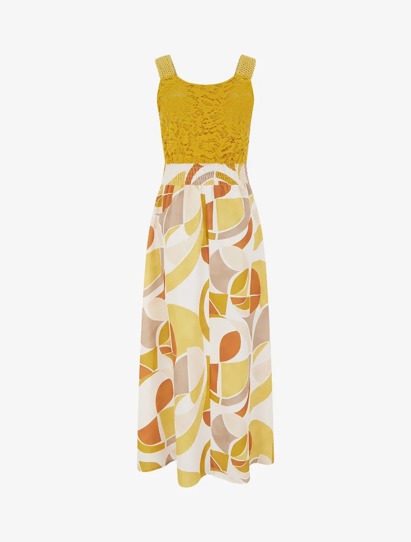 Kleid mit abstraktem Druck und Trägern aus Häkelarbeit - Senfgelb