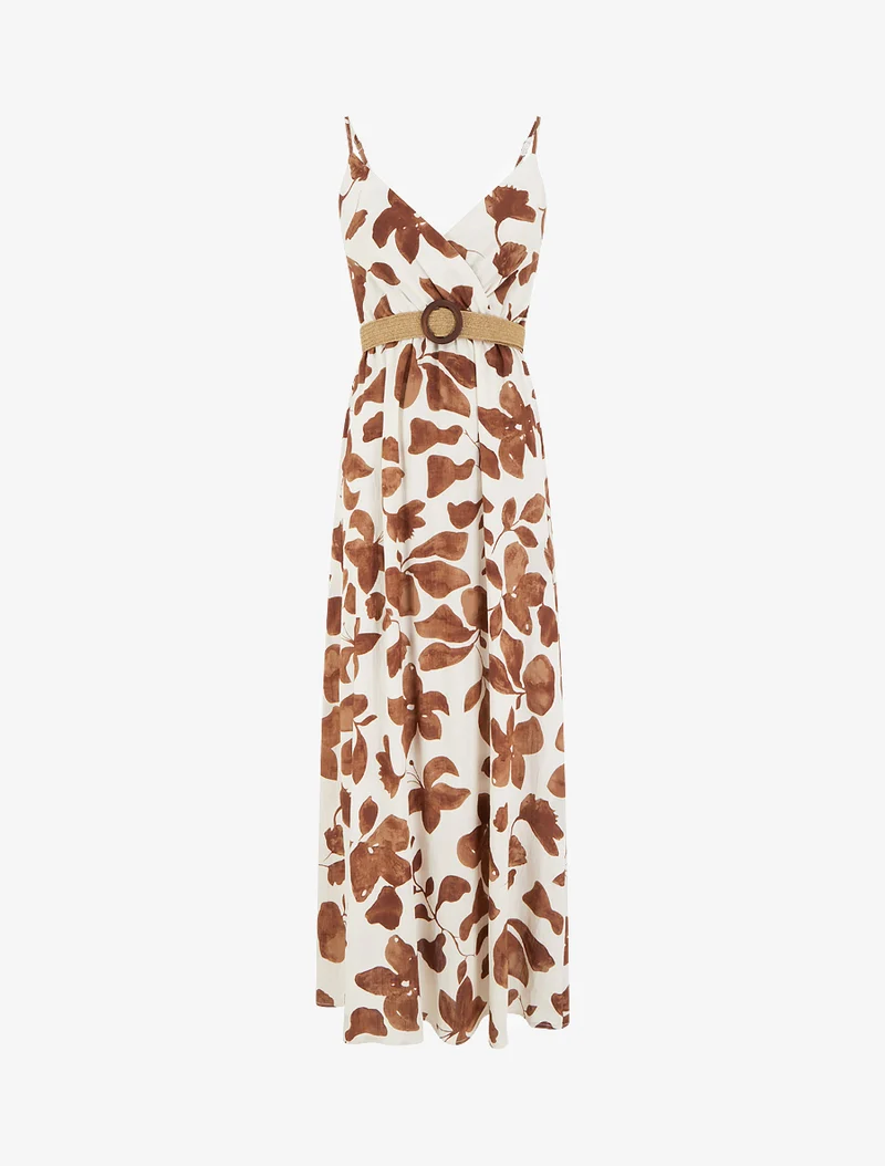 Langes, ausgestelltes Kleid mit großem Blumenmuster - Braun