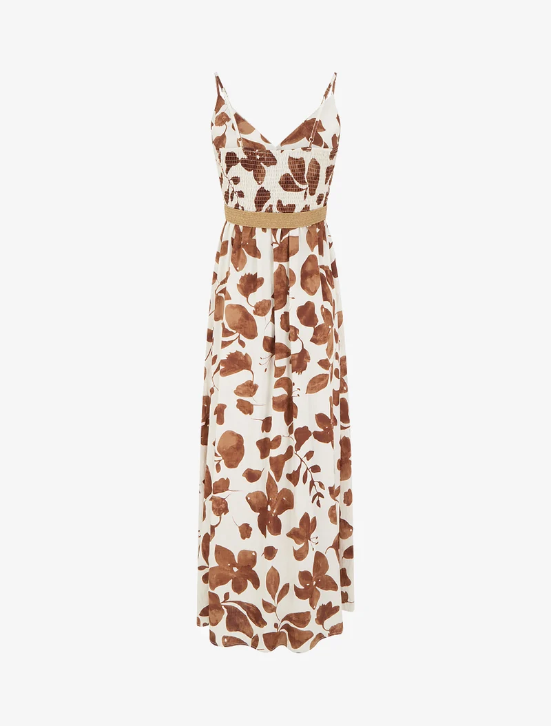 Langes, ausgestelltes Kleid mit großem Blumenmuster - Braun