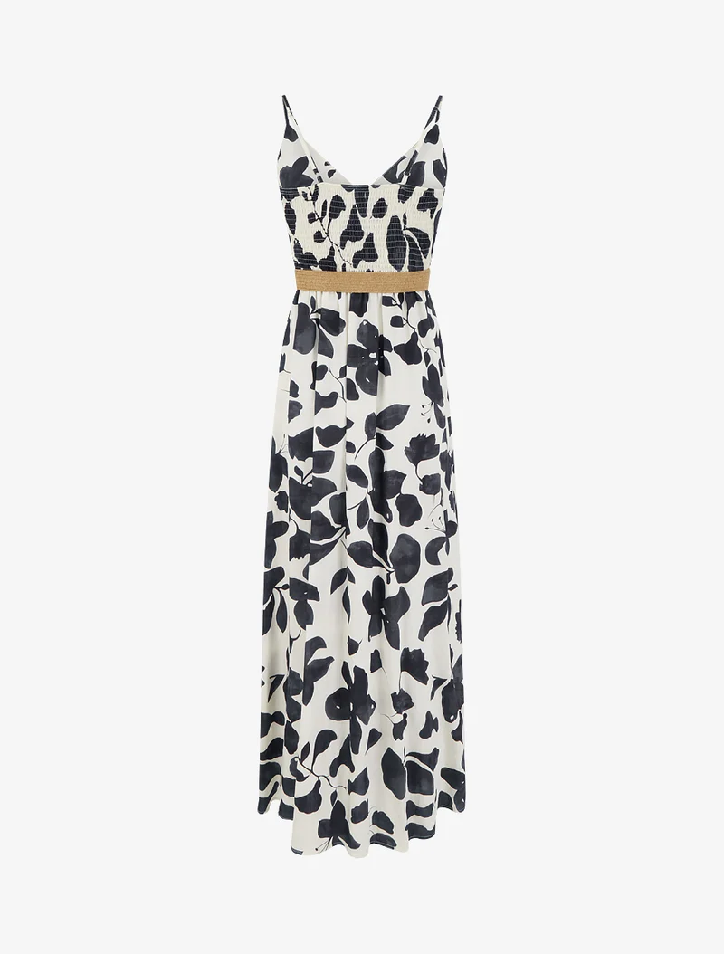 Langes, ausgestelltes Kleid mit großem Blumenmuster - Schwarz