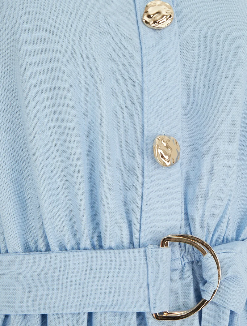 Langes einfarbiges Kleid in Leinenoptik - Himmelblau