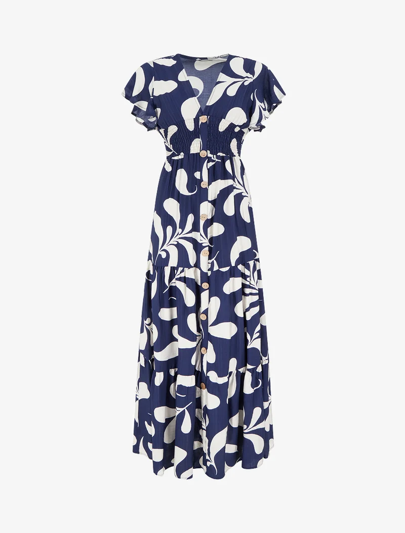 Langes Kleid mit kurzen Ärmeln und stilisiertem Pflanzenmuster - Marine