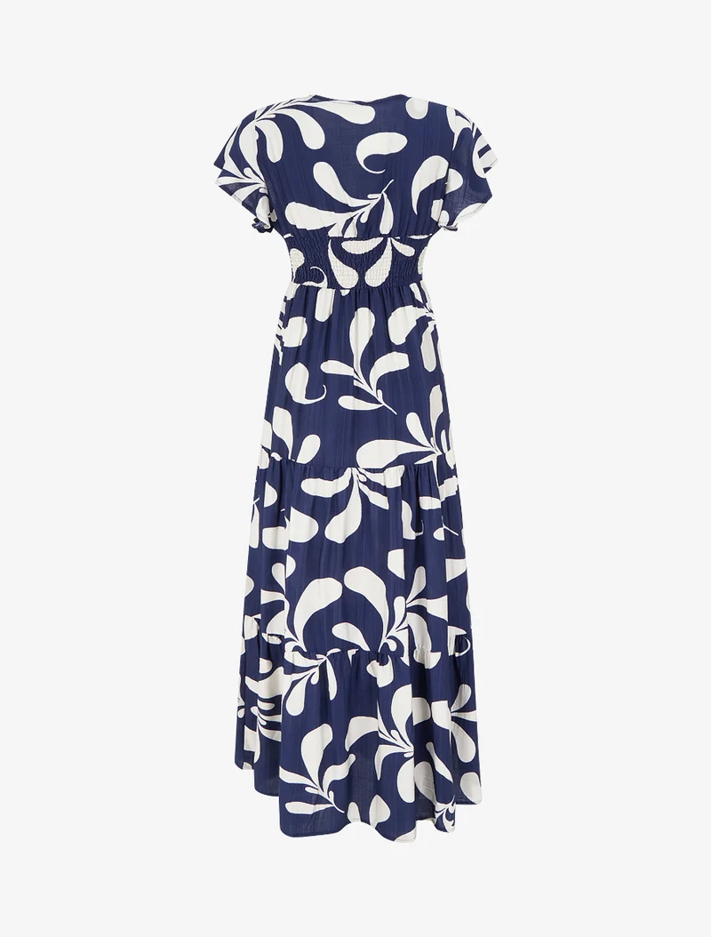 Langes Kleid mit kurzen Ärmeln und stilisiertem Pflanzenmuster - Marine