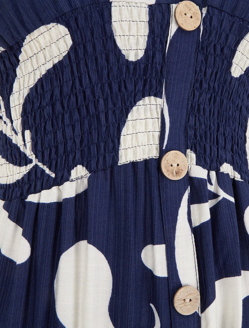 Langes Kleid mit kurzen Ärmeln und stilisiertem Pflanzenmuster - Marine