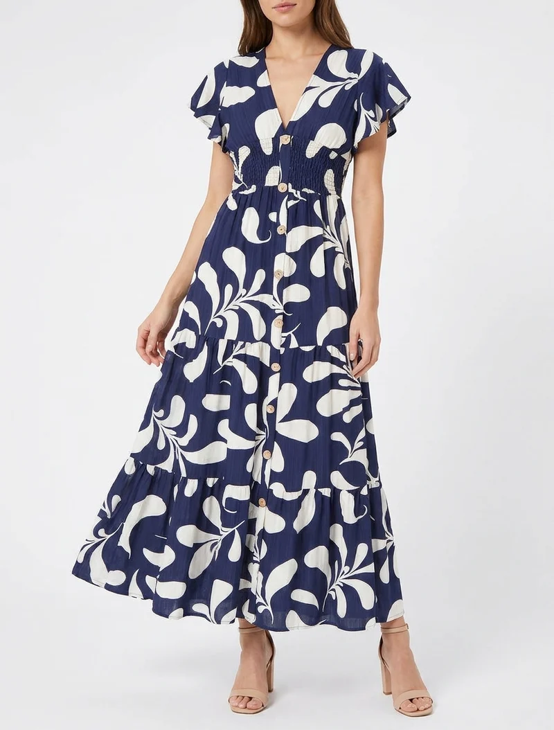 Langes Kleid mit kurzen Ärmeln und stilisiertem Pflanzenmuster - Marine