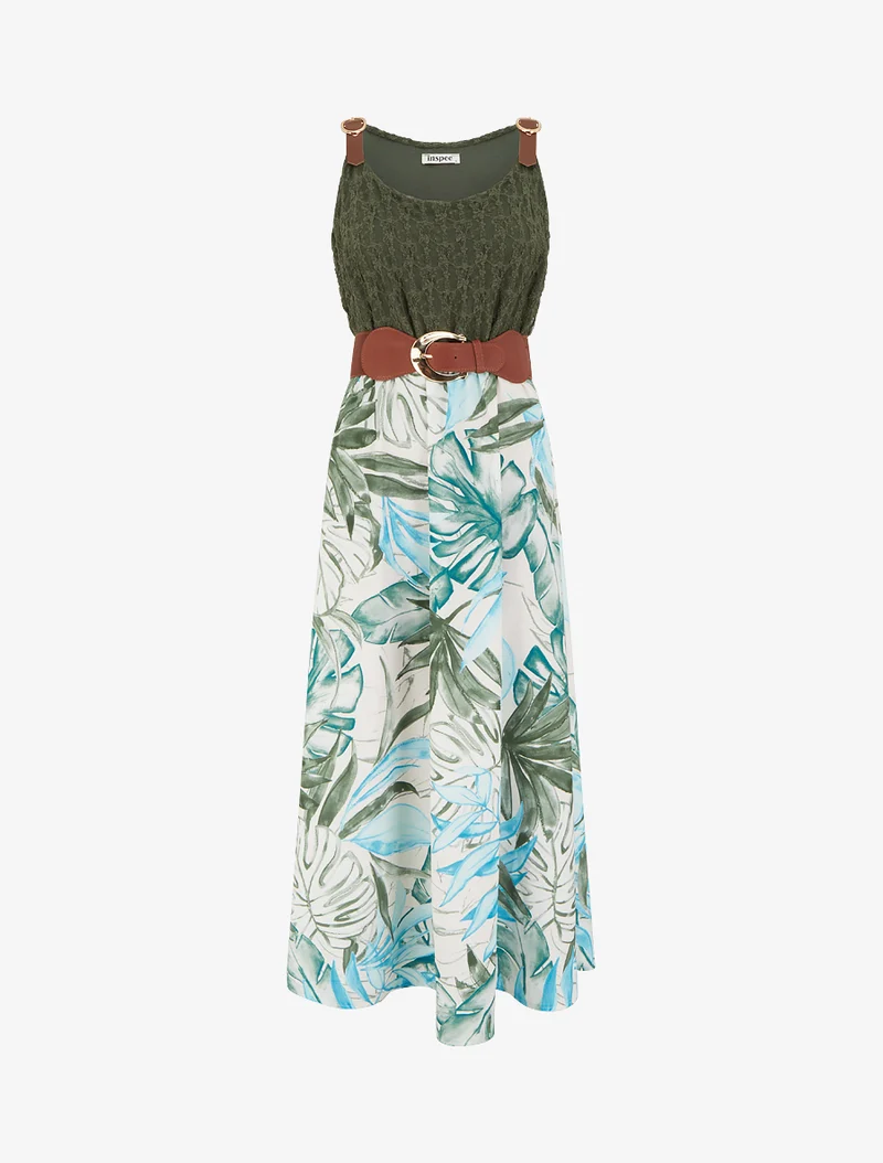 Langes Kleid mit tropischem Print und Kunstträgern - Kaki