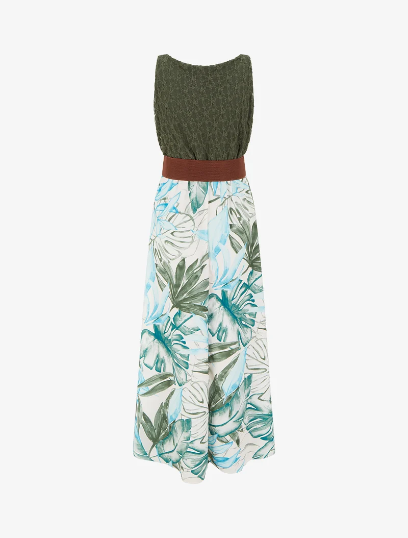 Langes Kleid mit tropischem Print und Kunstträgern - Kaki