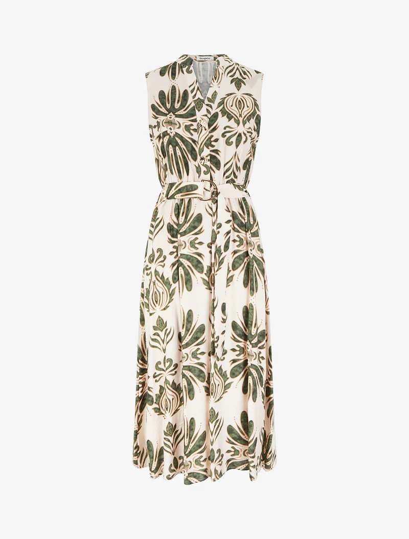Langes Kleid mit Ikat-Print und dekorativen Knöpfen - Grün