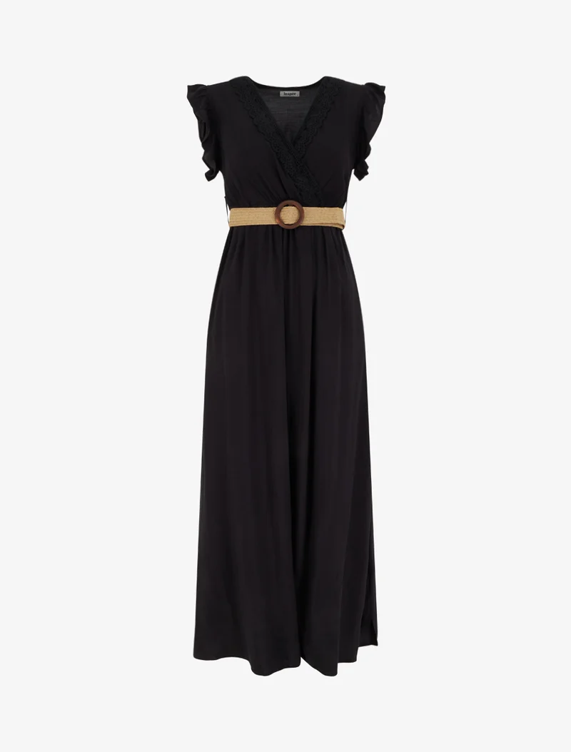 Langärmeliges Kleid mit Wickelausschnitt - Schwarz