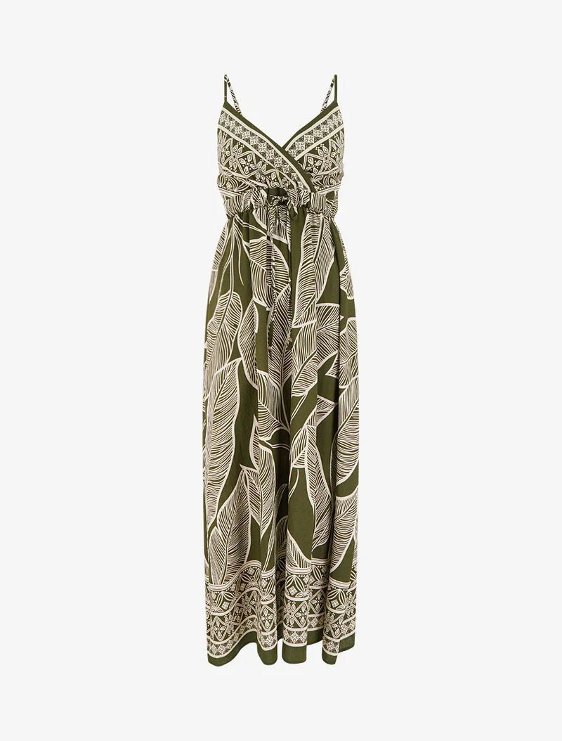 Langes Kleid mit stilisiertem Blätterdruck - Kaki