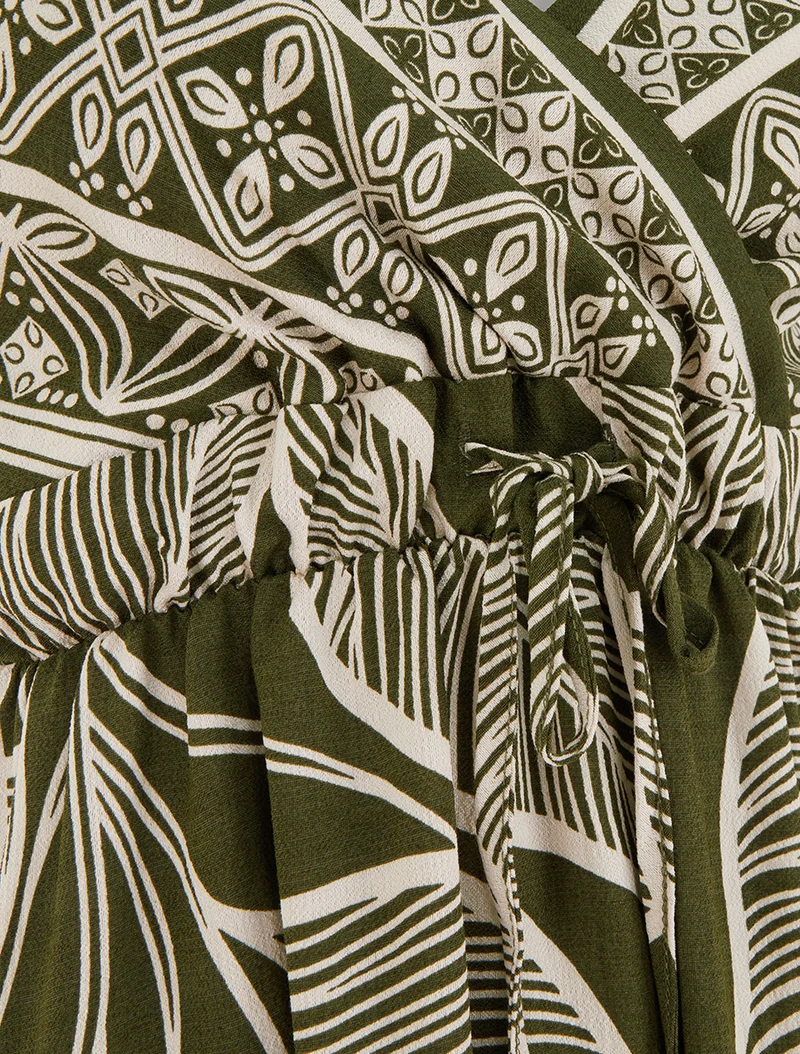 Langes Kleid mit stilisiertem Blätterdruck - Kaki
