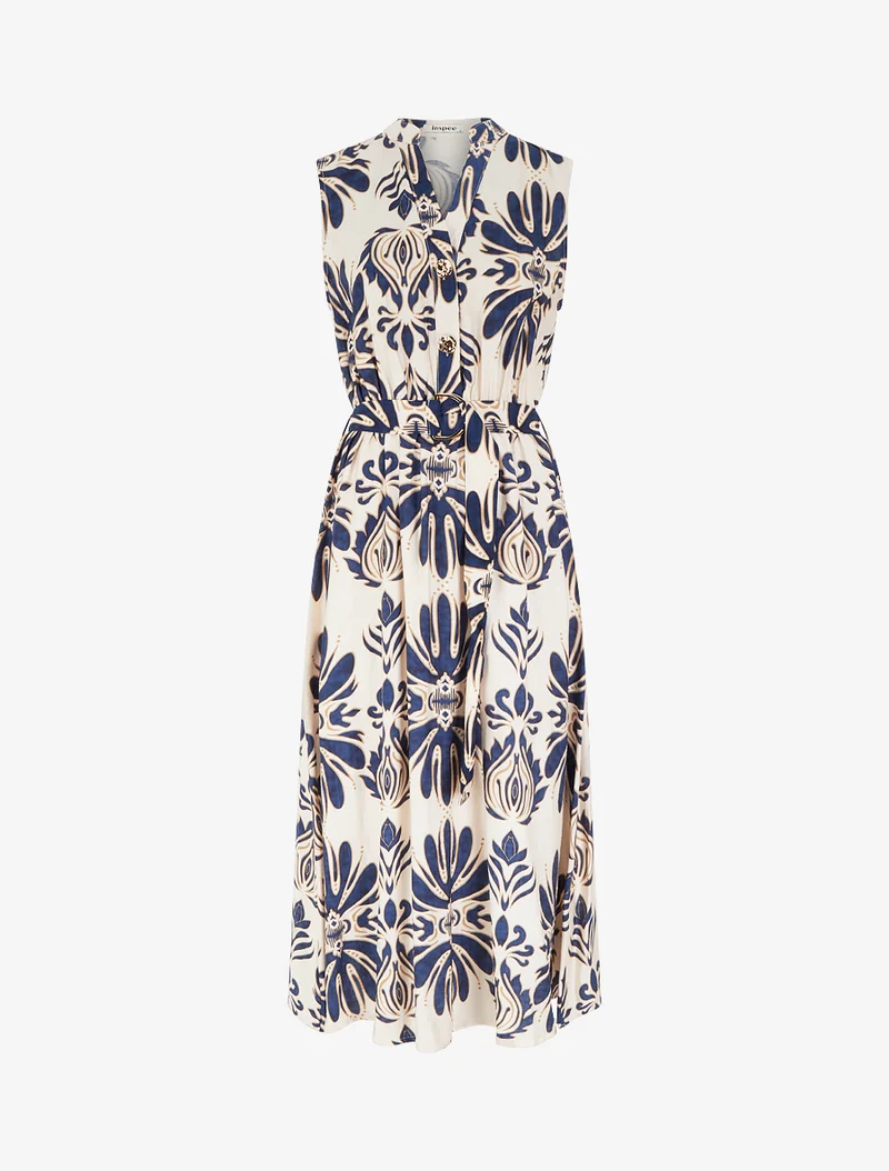 Langes Kleid mit Ikat-Print und dekorativen Knöpfen - Marine