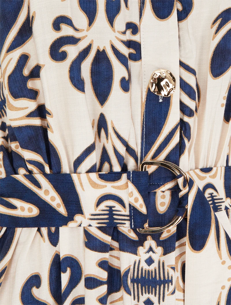 Langes Kleid mit Ikat-Print und dekorativen Knöpfen - Marine