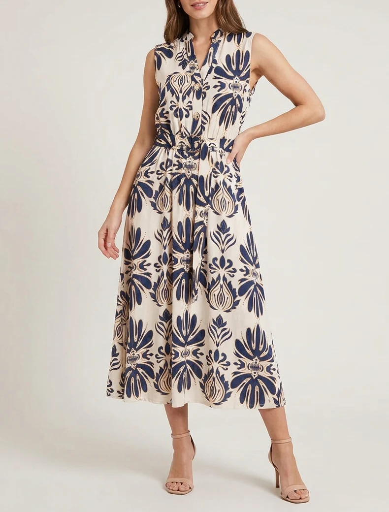 Langes Kleid mit Ikat-Print und dekorativen Knöpfen - Marine