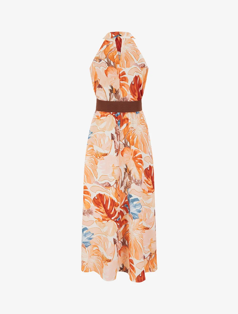 Ärmelloses langes Kleid mit tropischem Druck - Orange