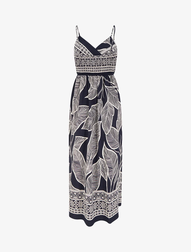 Langes Kleid mit stilisiertem Blätterdruck - Marine