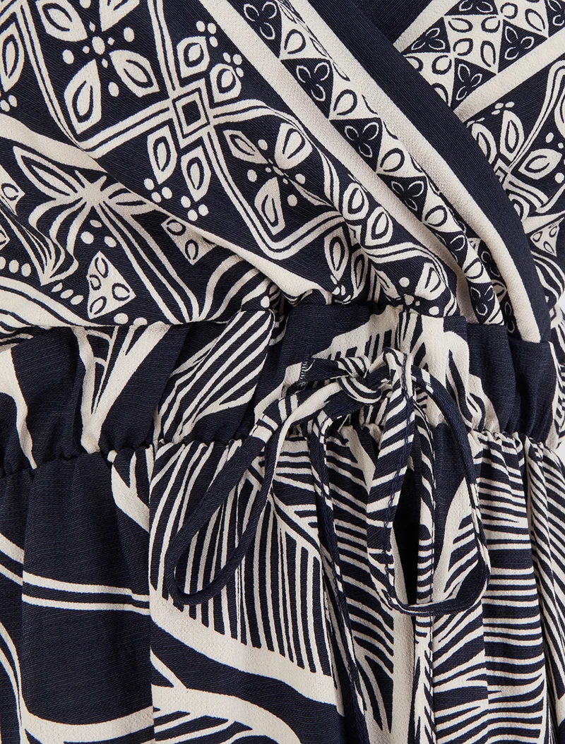 Langes Kleid mit stilisiertem Blätterdruck - Marine