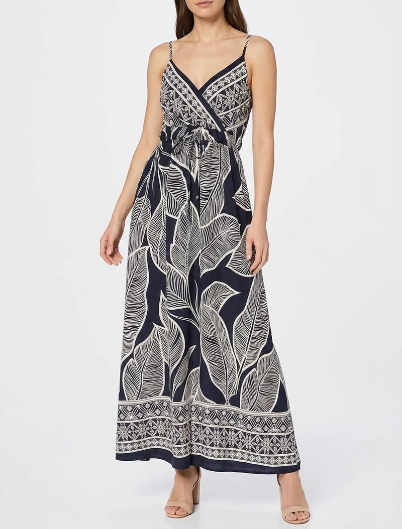 Langes Kleid mit stilisiertem Blätterdruck - Marine