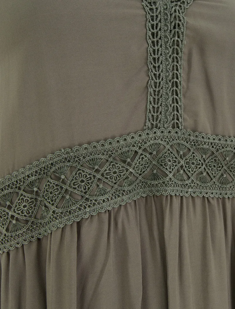 Einfarbiges langes Kleid mit Spitzenbund - Kaki