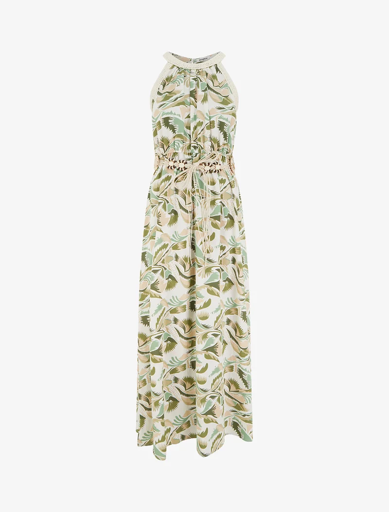 Langes Kleid mit amerikanischem Kragen und Fantasiemuster - Grün