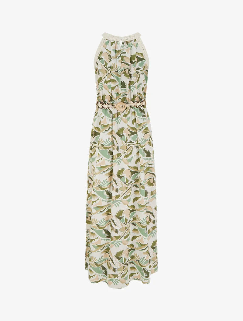 Langes Kleid mit amerikanischem Kragen und Fantasiemuster - Grün