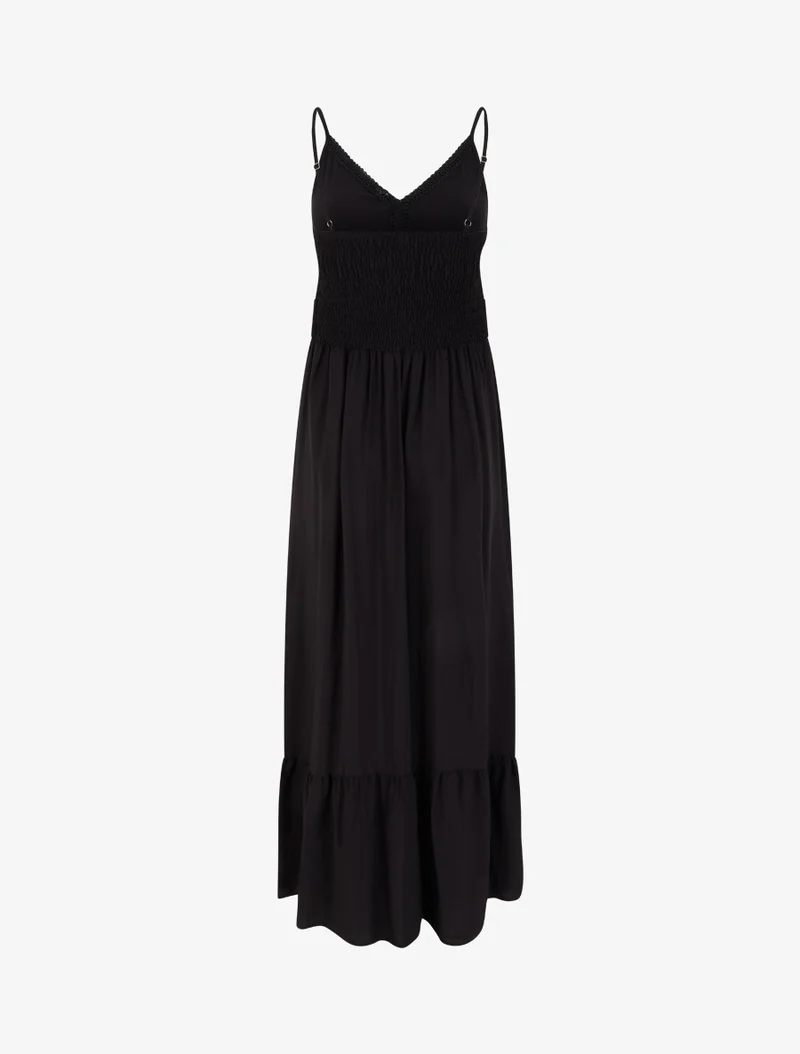 Einfarbiges langes Kleid mit Spitzenbund - Schwarz