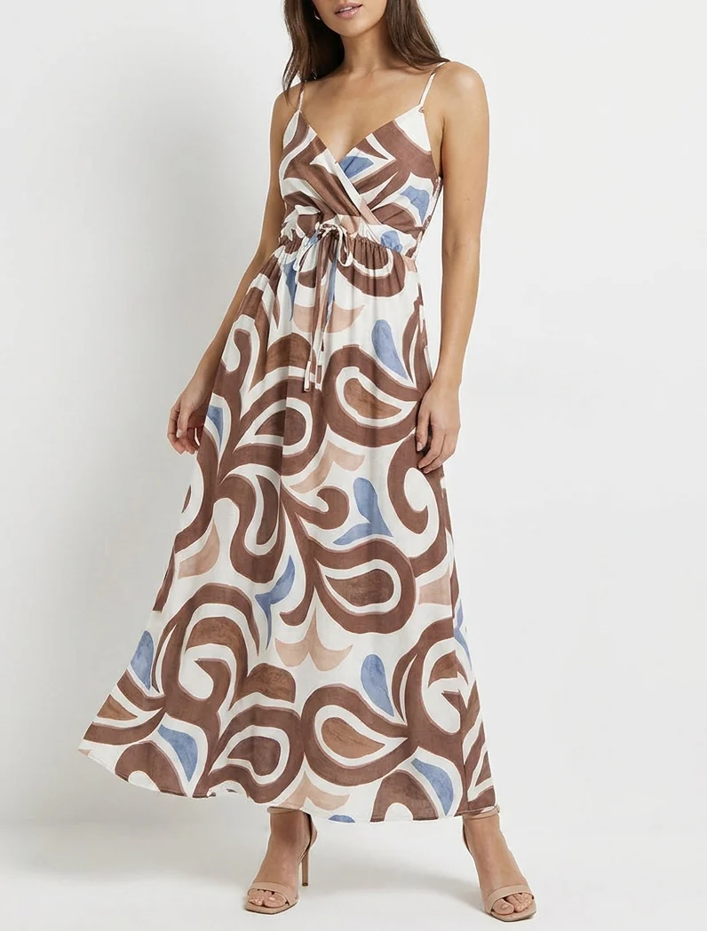 Langes Kleid mit Fantasiemuster - Braun