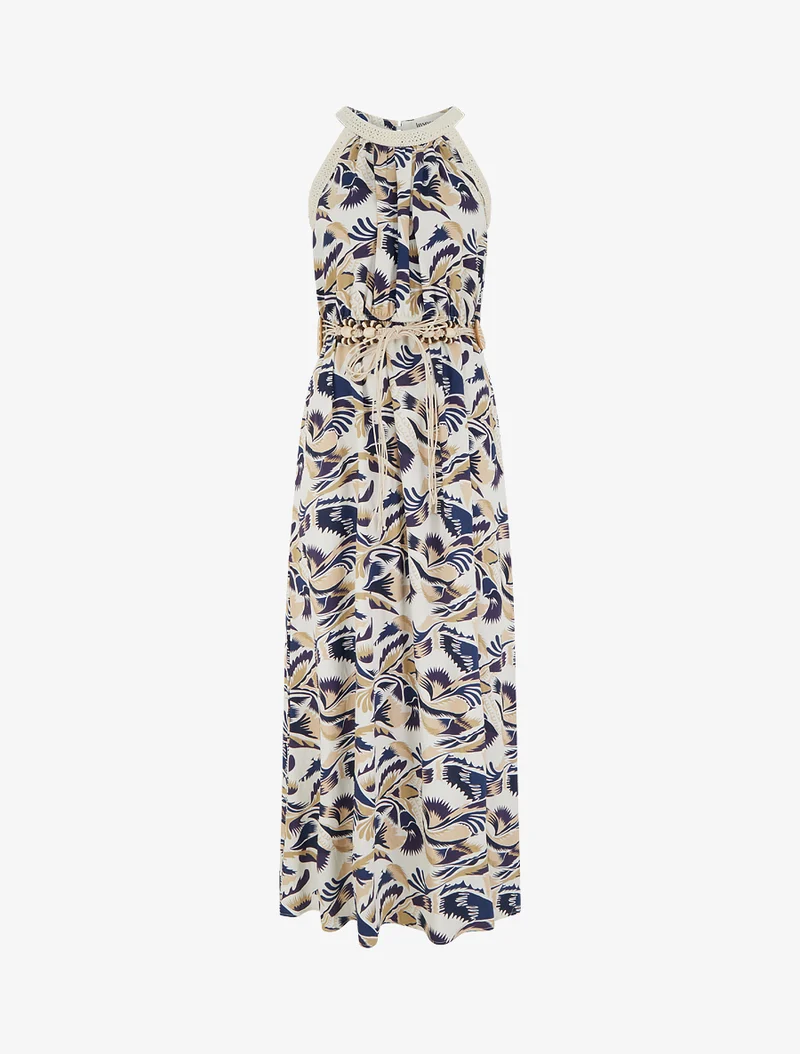 Langes Kleid mit amerikanischem Kragen und Fantasiemuster - Marine