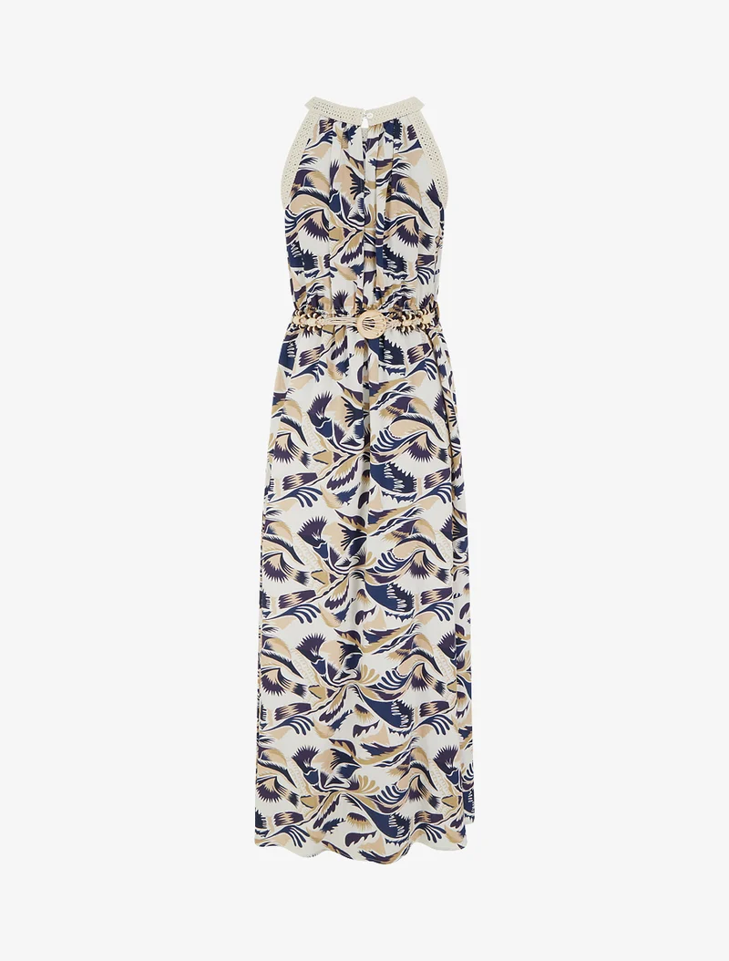 Langes Kleid mit amerikanischem Kragen und Fantasiemuster - Marine