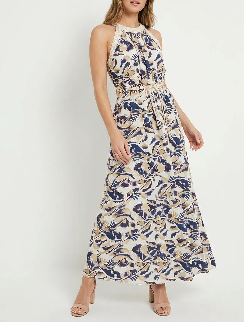 Langes Kleid mit amerikanischem Kragen und Fantasiemuster - Marine