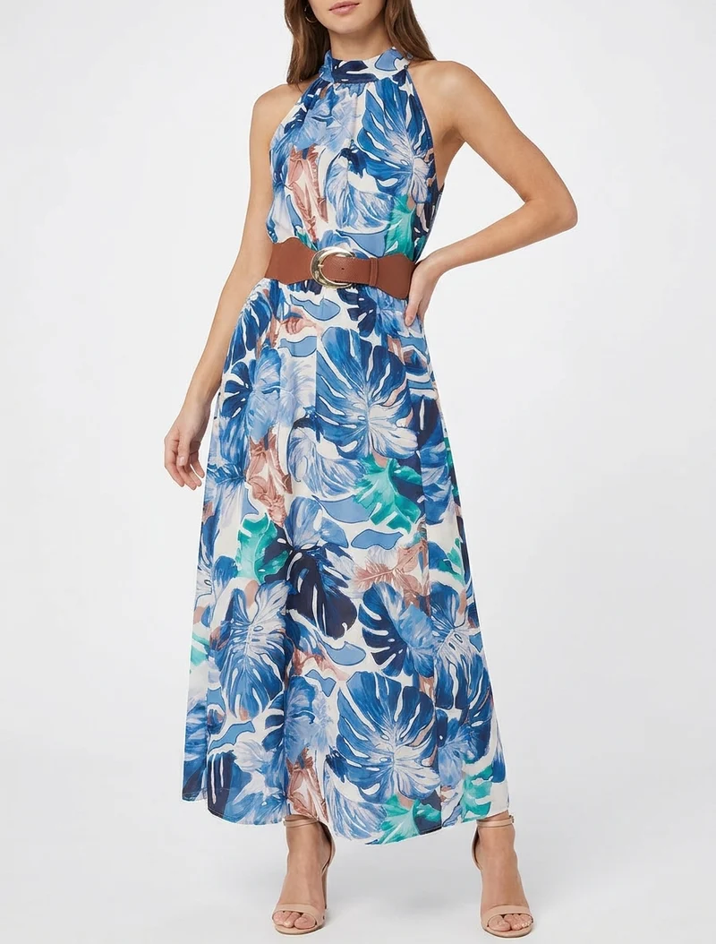 Ärmelloses langes Kleid mit tropischem Druck - Marine