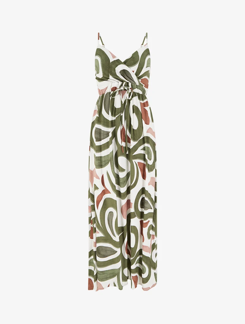 Langes Kleid mit Fantasiemuster - Kaki