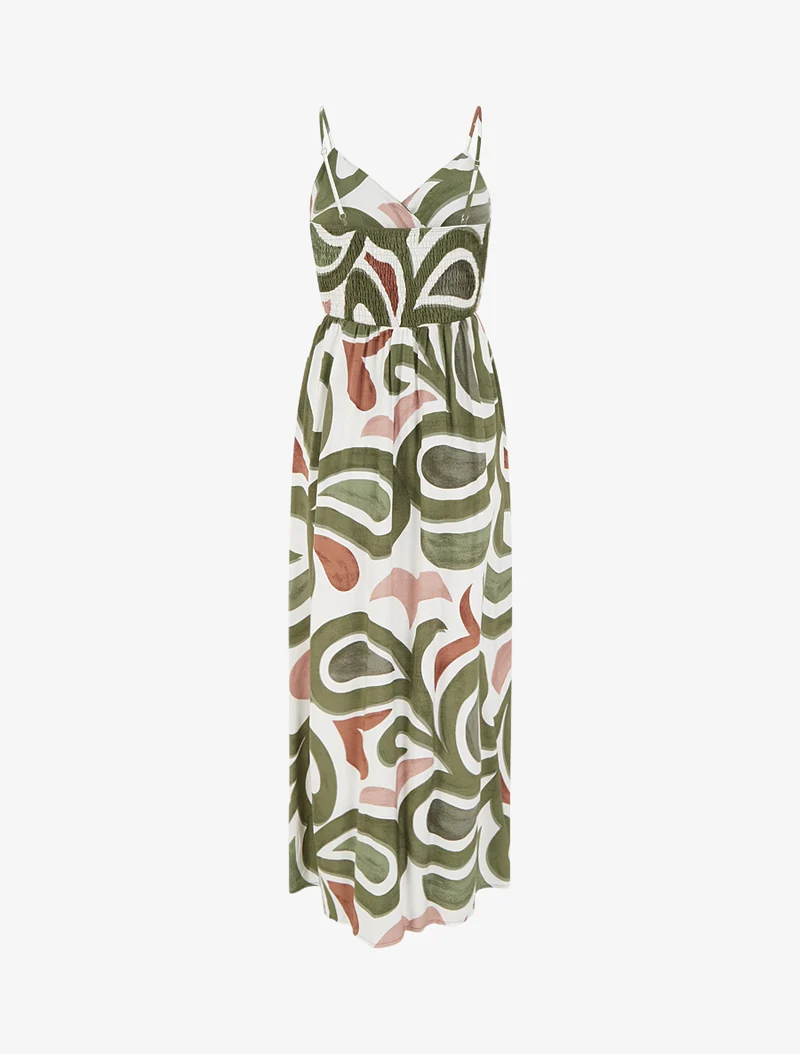 Langes Kleid mit Fantasiemuster - Kaki