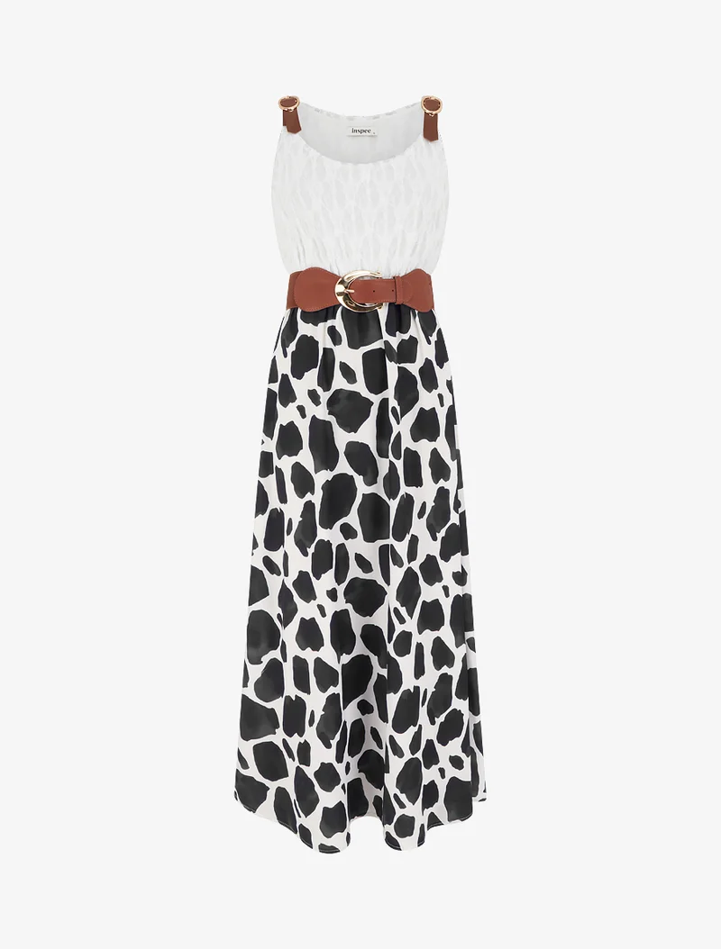 Langes Kleid mit Giraffenmuster und Trägern in Lederoptik. - Schwarz