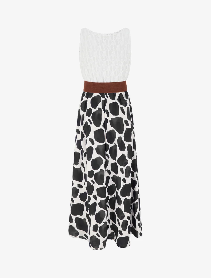 Langes Kleid mit Giraffenmuster und Trägern in Lederoptik. - Schwarz