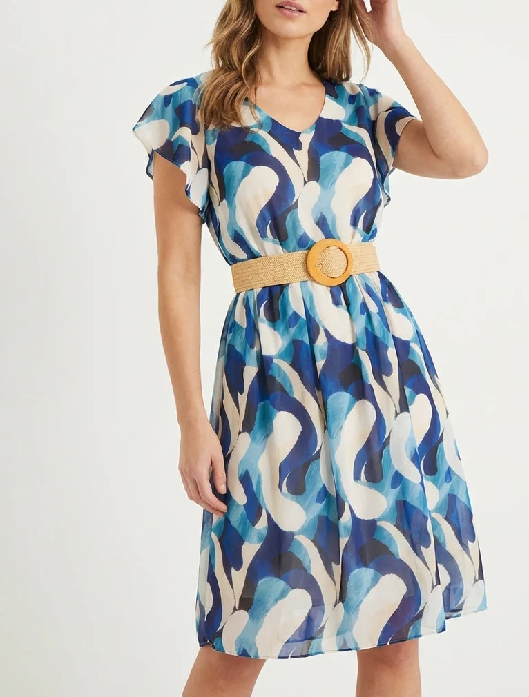 Kleid mit Flügelärmeln und Fantasiemuster. - Marine